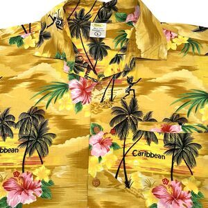 RIMA Mens Caribbean Island Hawaiian Terivoile Yellow Palmtree Floral Large Shirt